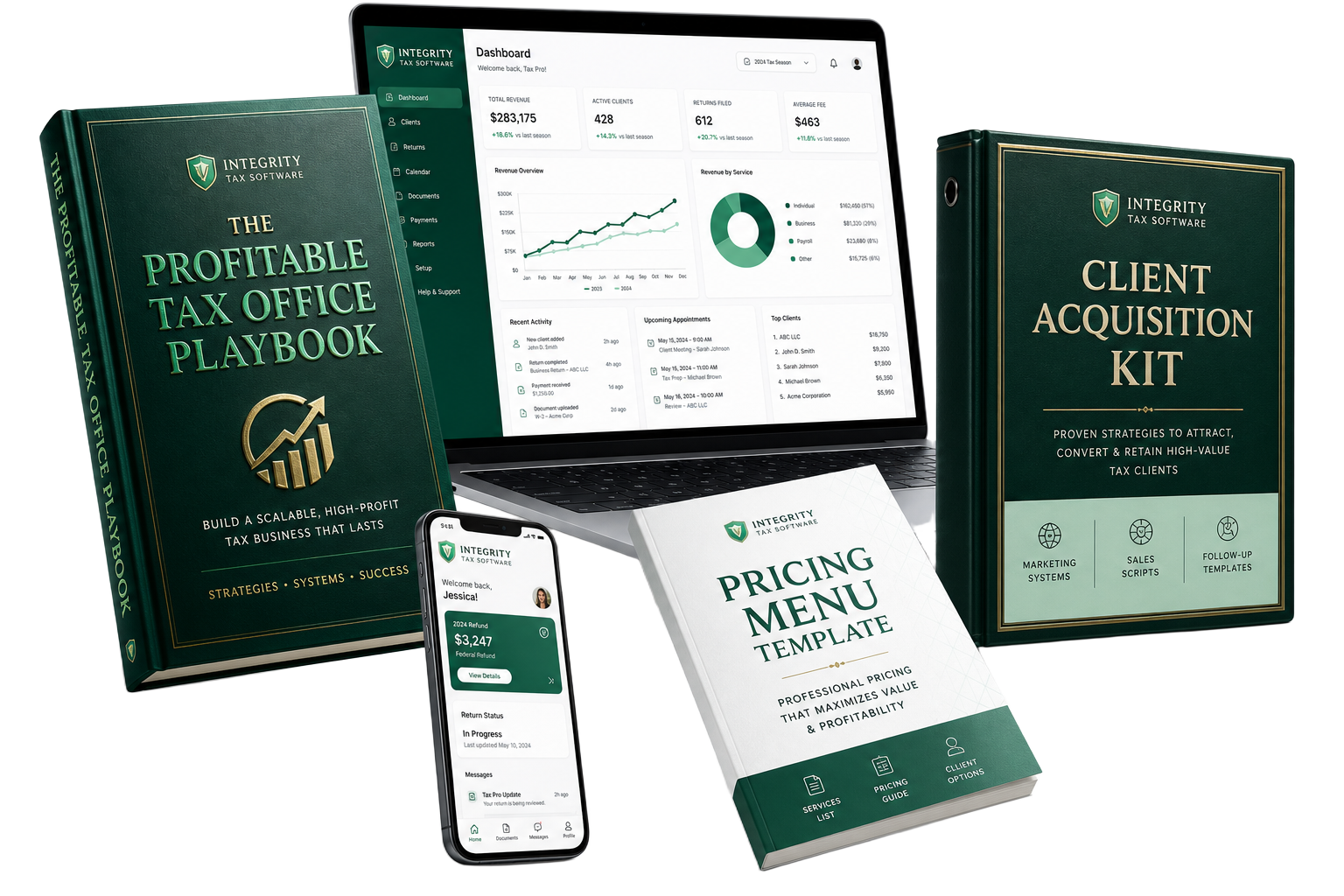 Integrity Tax Software complete bundle: playbook, dashboard, mobile app, pricing menu, client acquisition kit